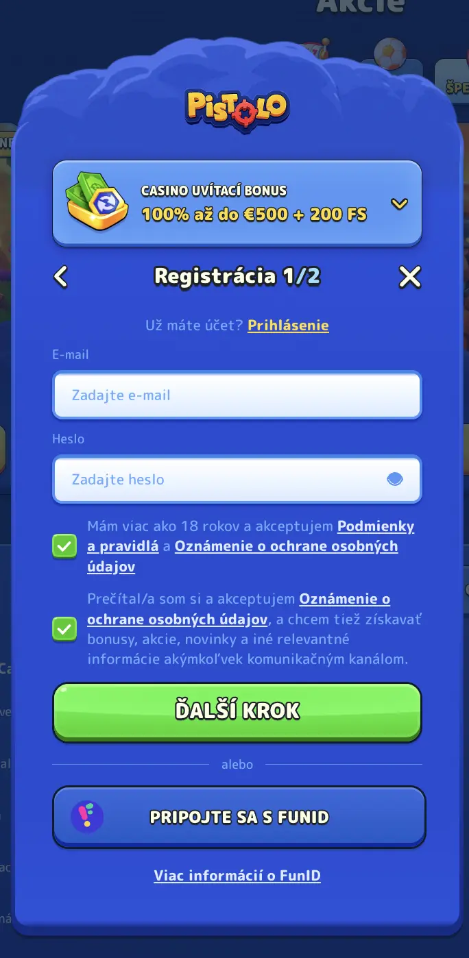 Pistolo Casino – Začnite registráciu a získajte 100 % bonus do 500 € a 200 voľných zatočení Registračný formulár v Pistolo Casino s uvítacím bonusom 100 % až do 500 € + 200 free spinov